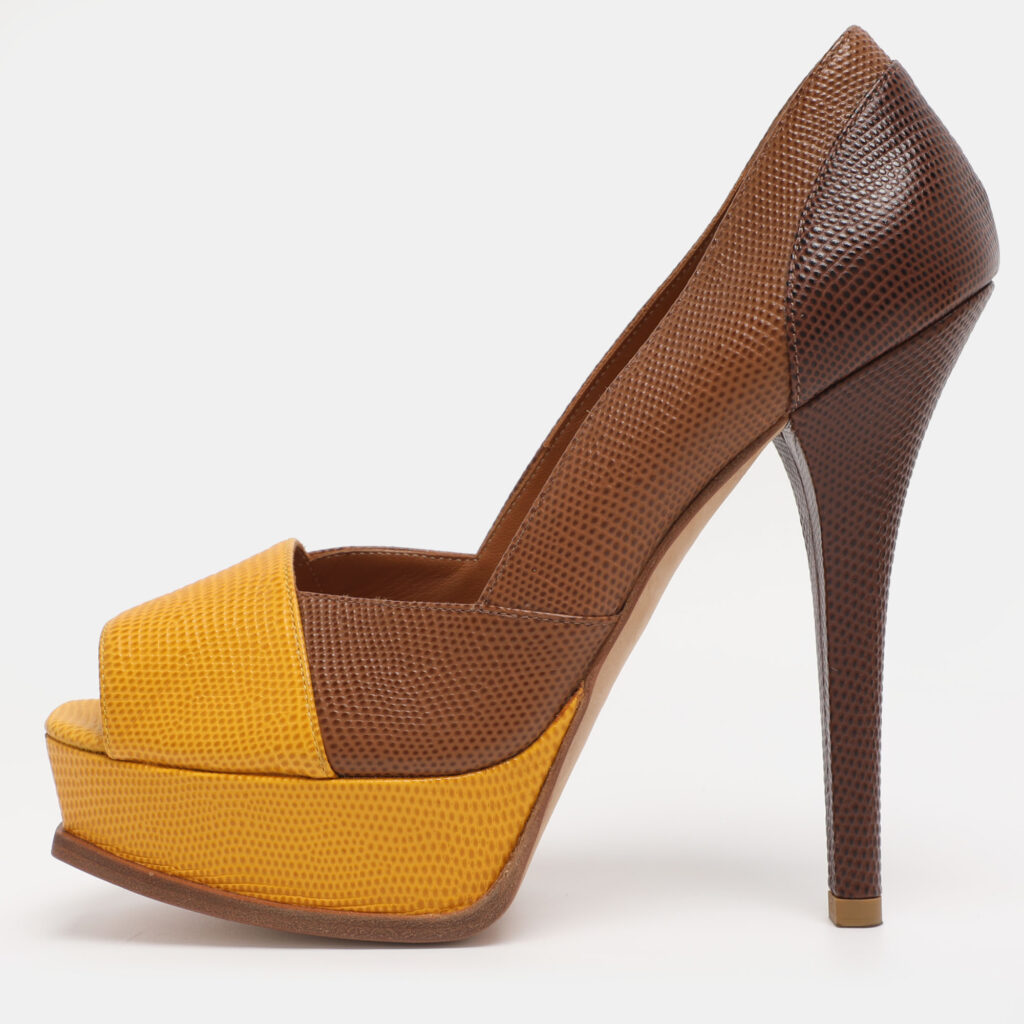Fendi Brown/Yellow Lizard Embossed Leather Fendista Peep Toe Pumps Size 40