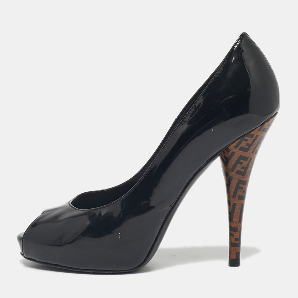 Fendi Black Patent Leather FF Heels Peep Toe Platform Pumps Size 36.5