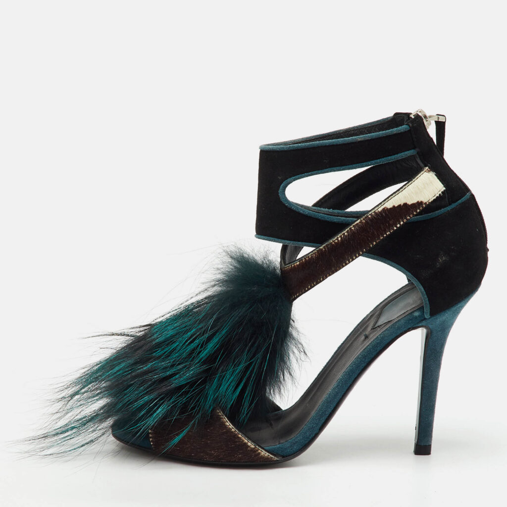 Fendi Multicolor Suede, Calf Hair and Mink Fur Ankle Strap Sandals Size 38 Fendi Multicolor Suede, Calf Hair and Mink Fur Ankle Strap Sandals Size 38