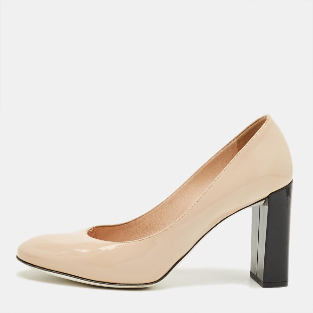 Fendi Beige Patent Leather Round Toe Block Heel Pumps Size 40