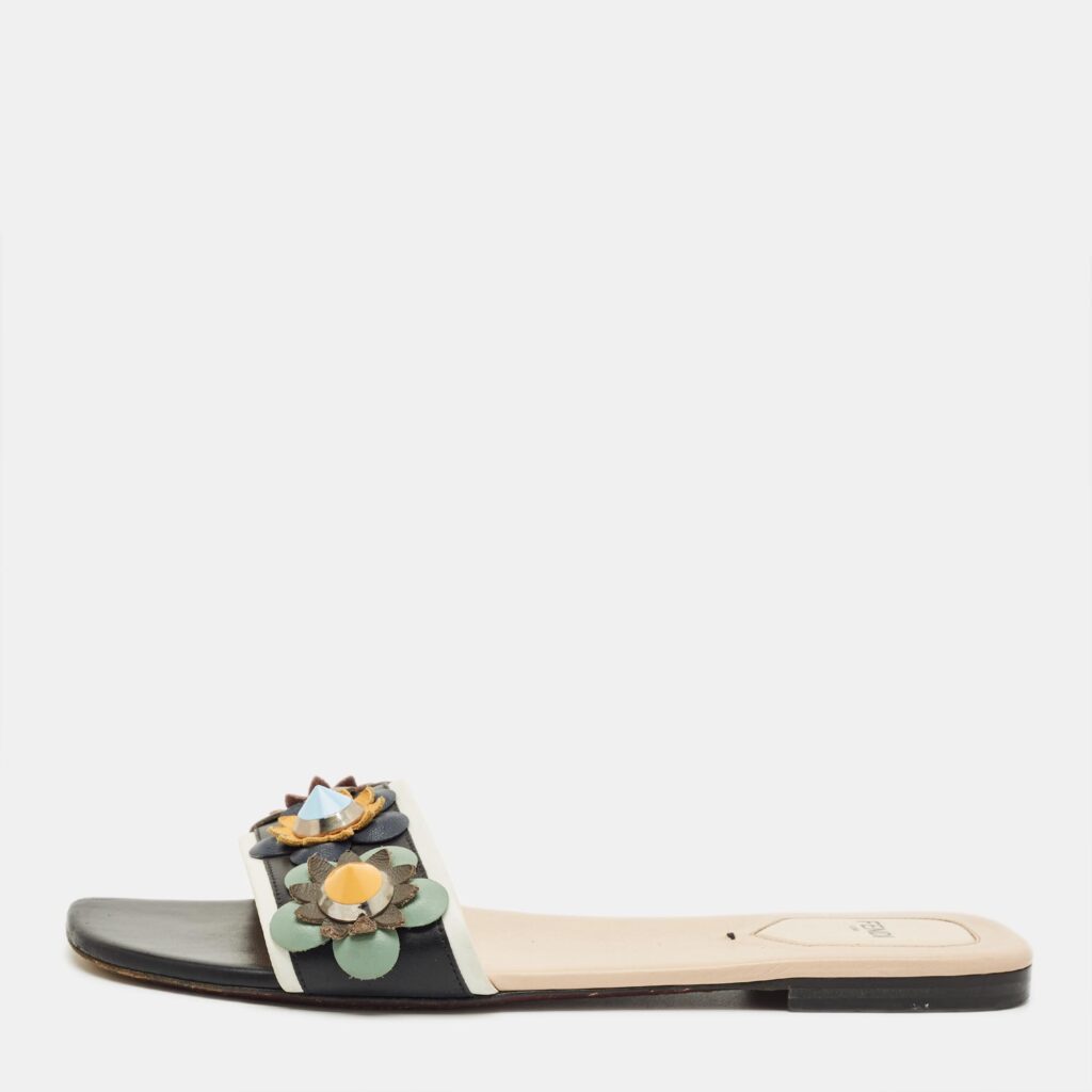Fendi Black/White Leather Flowerland Flat Slide Size 40
