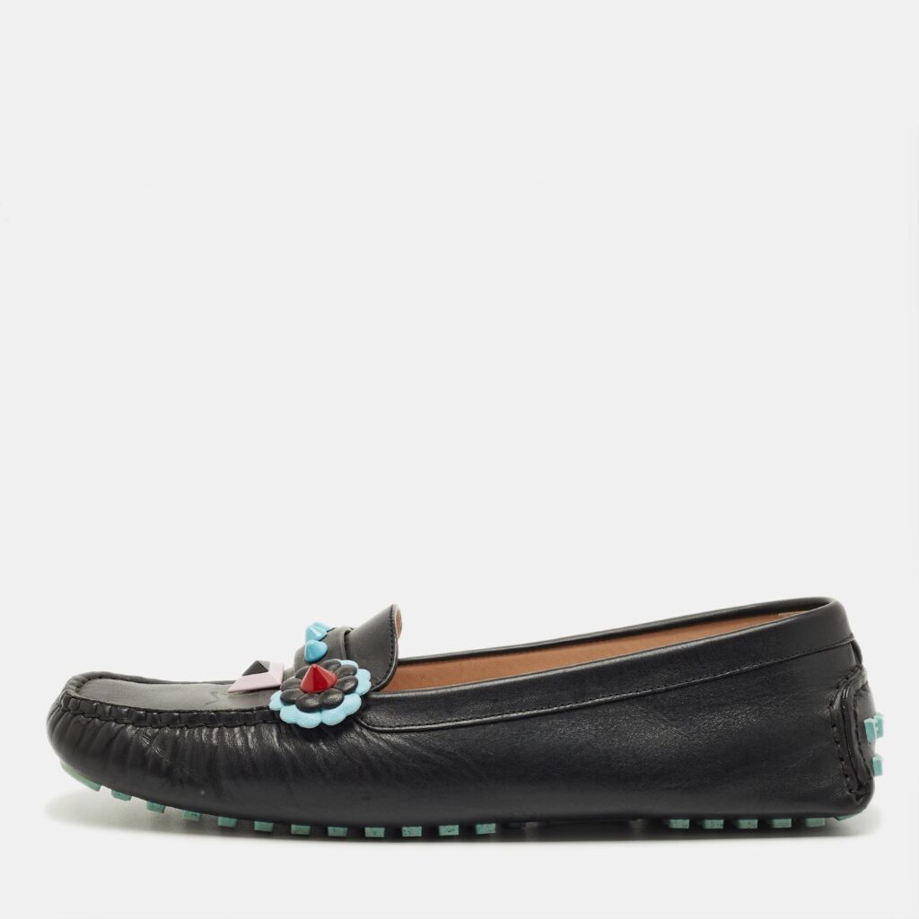 Fendi Black Leather Studded Flowerland Loafers Size 40 Fendi Black Leather Studded Flowerland Loafers Size 40