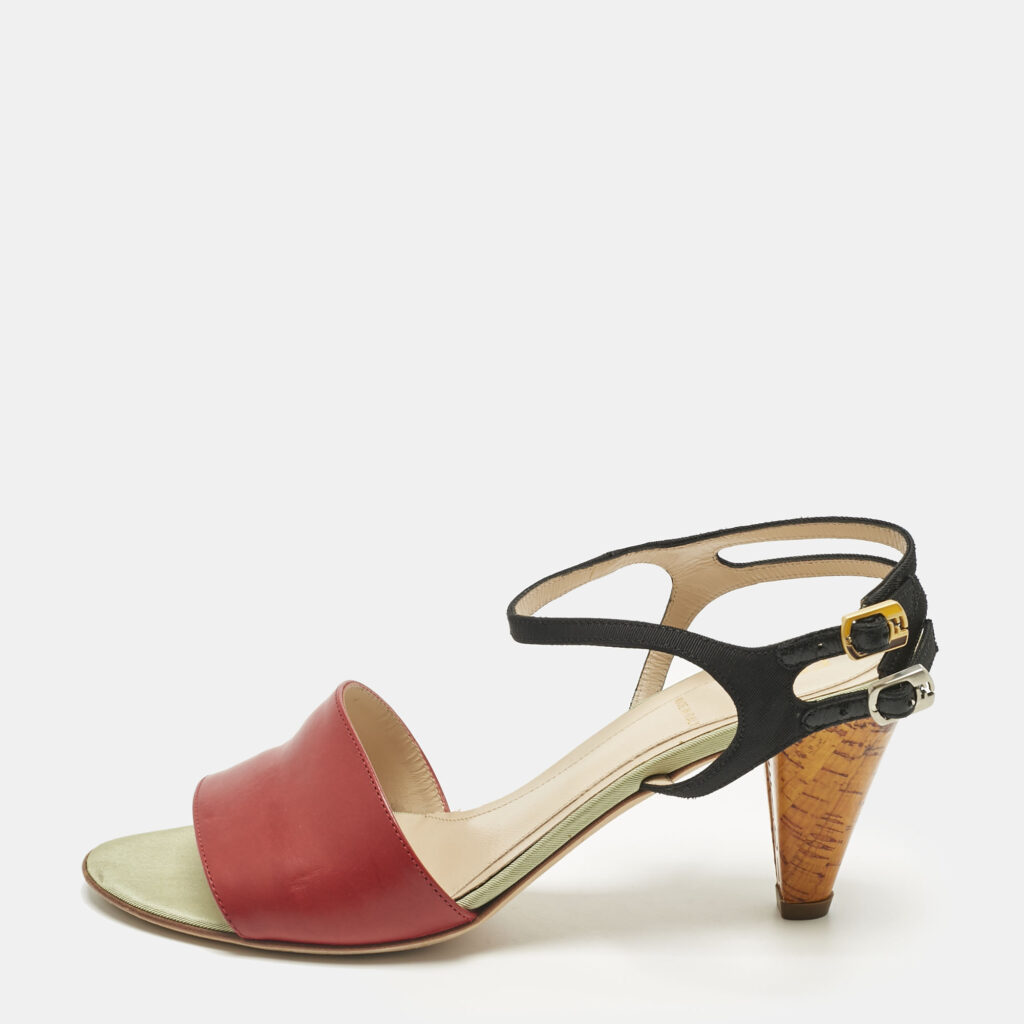 Fendi Multicolor Fabric and Leather Cork Ankle Strap Sandals Size 36