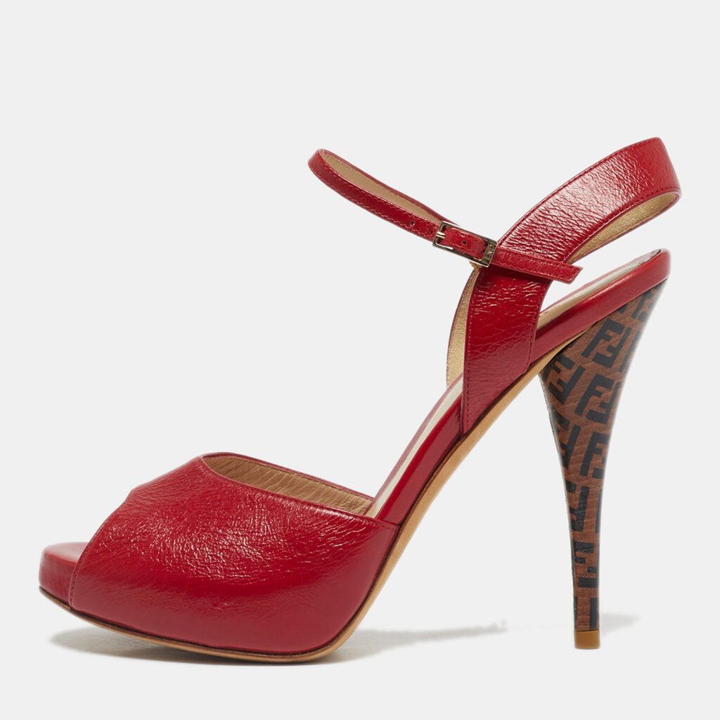 Fendi Red Leather Zucca Print Heel Peep Toe Ankle Strap Sandals Size 38