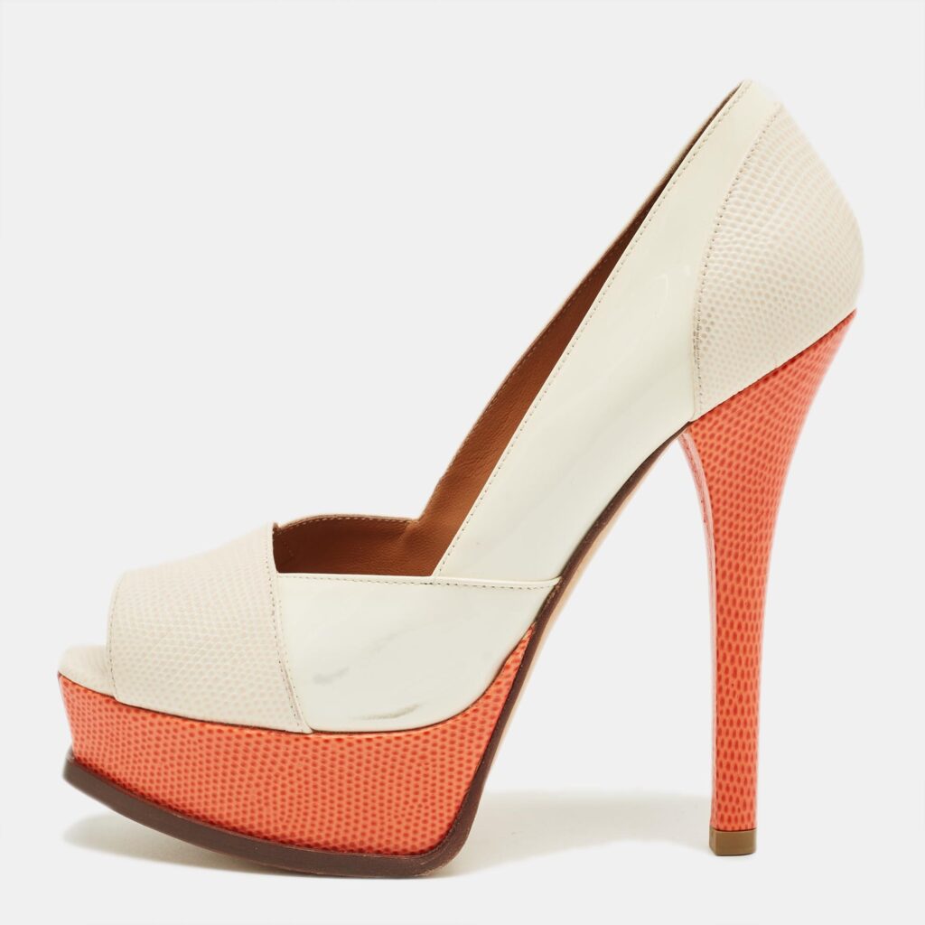 Fendi Cream/Orange Lizard Embossed Leather Fendista Peep Toe Pumps Size 37,5