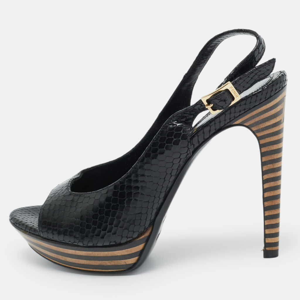Fendi Black Python Embossed Leather Ankle Strap Sandals Size 38