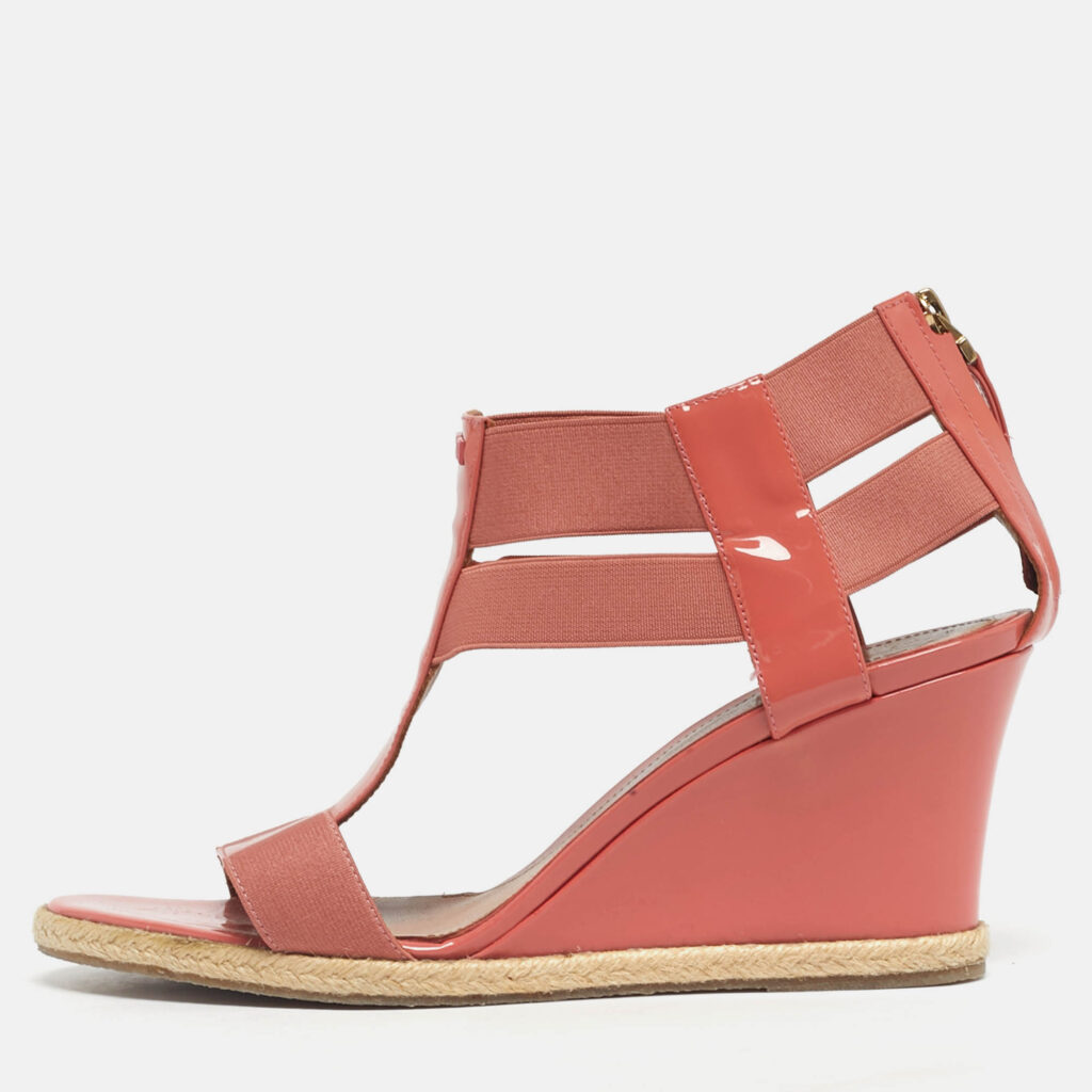 Fendi Coral Patent Leather And Elastic Fabric T-Strap Espadrille Wedge Sandals Size 37.5