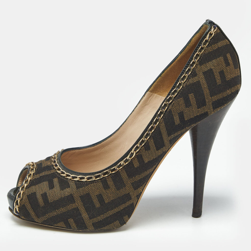 Fendi Brown Zucca Canvas Chain Embellished Peep Toe Pumps Size 37 Fendi Brown Zucca Canvas Chain Embellished Peep Toe Pumps Size 37