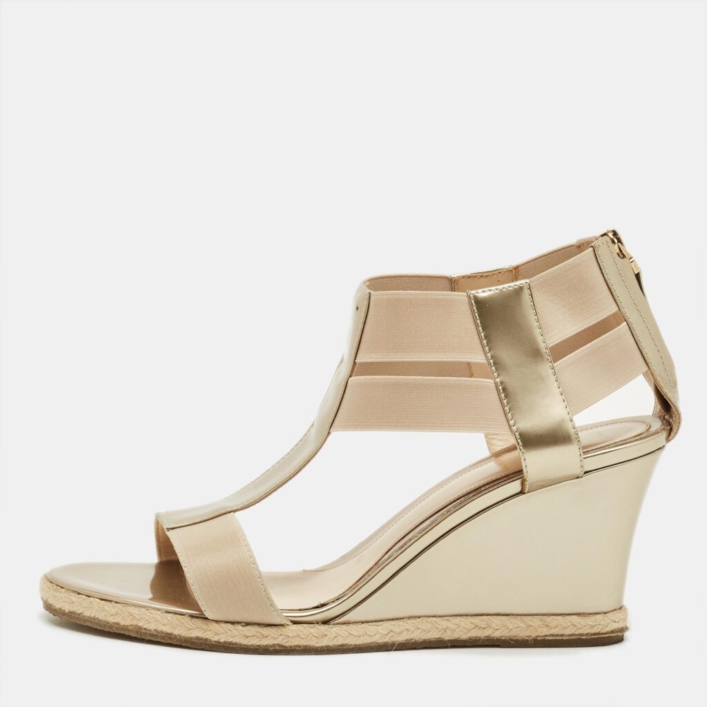 Fendi Beige Elastic and Patent Leather T-Strap Wedge Espadrille Sandals Size 38