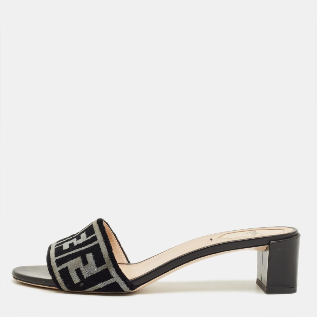Fendi Grey/Black Zucca Velvet Slide Sandals Size 40