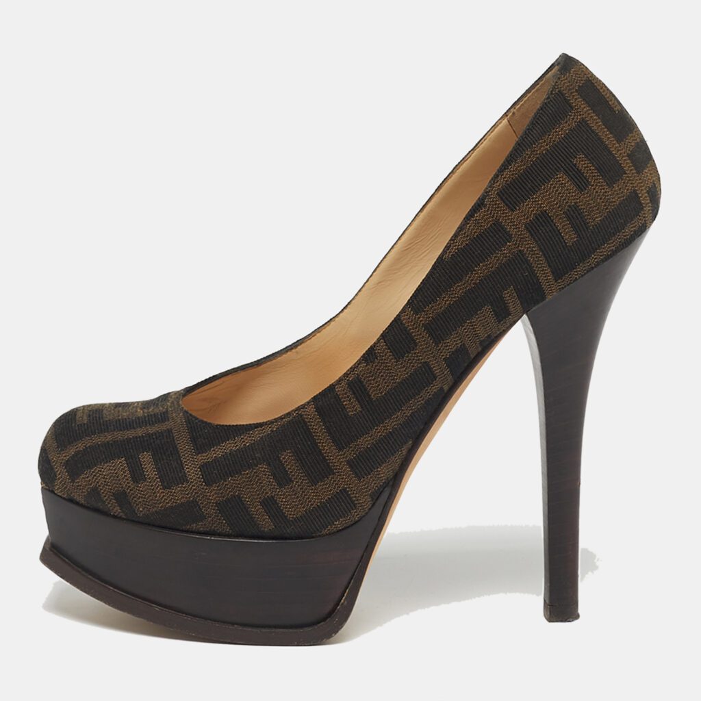 Fendi Brown Zucca Canvas Fendista Platform Pumps Size 38