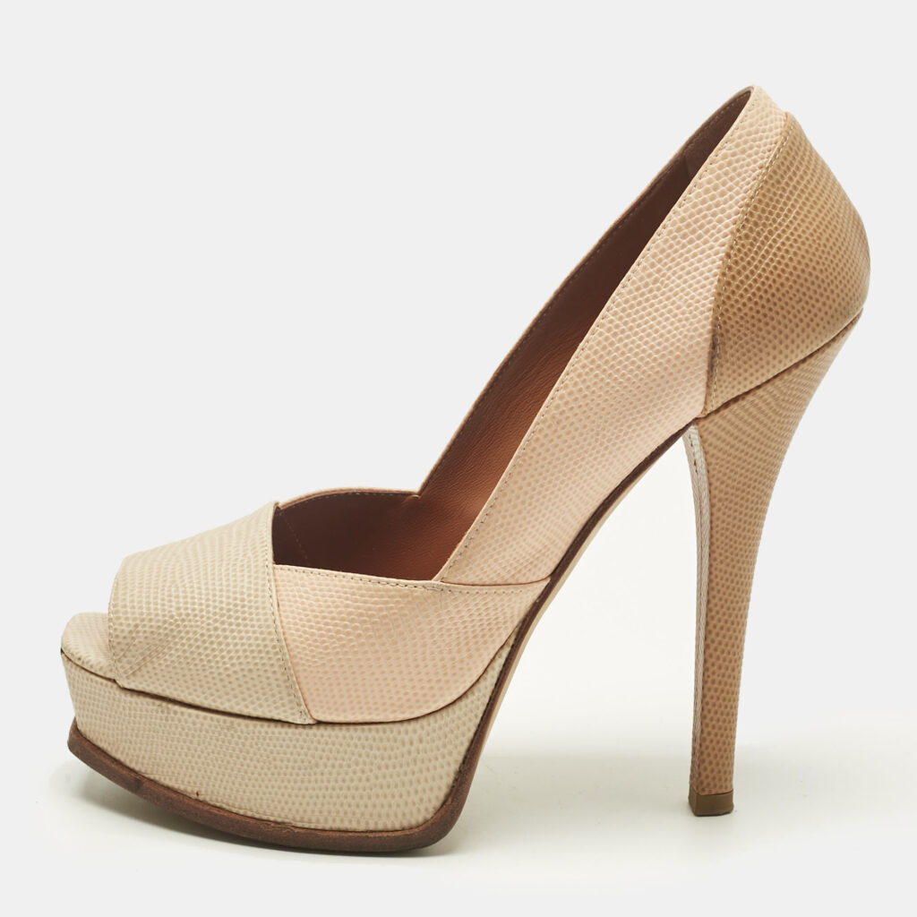 Fendi Tri Color Fendista Colorblock Lizard-Embossed Leather Peep Toe Platform Pumps Size 39 Fendi Tri Color Fendista Colorblock Lizard-Embossed Leather Peep Toe Platform Pumps Size 39
