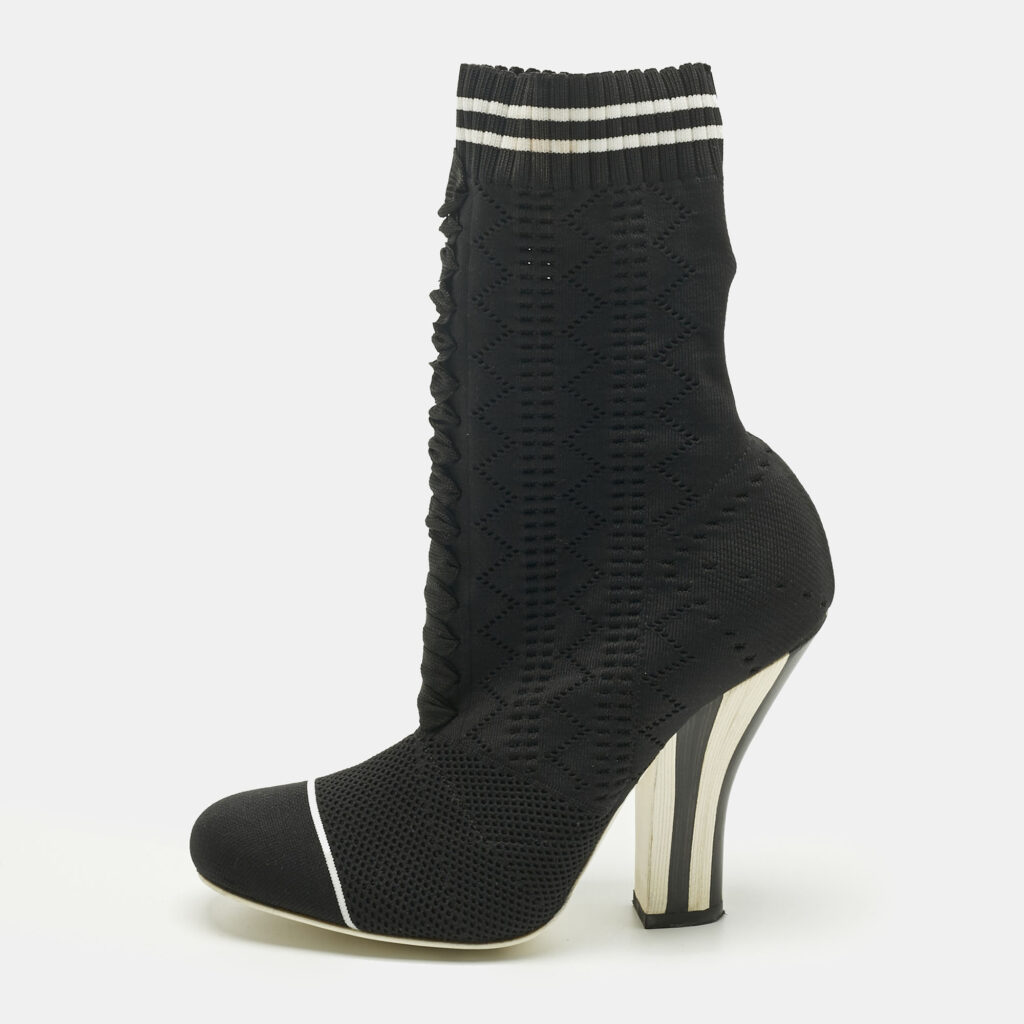 Fendi Black Knit Fabric Rockoko Ankle Length Boots Size 37