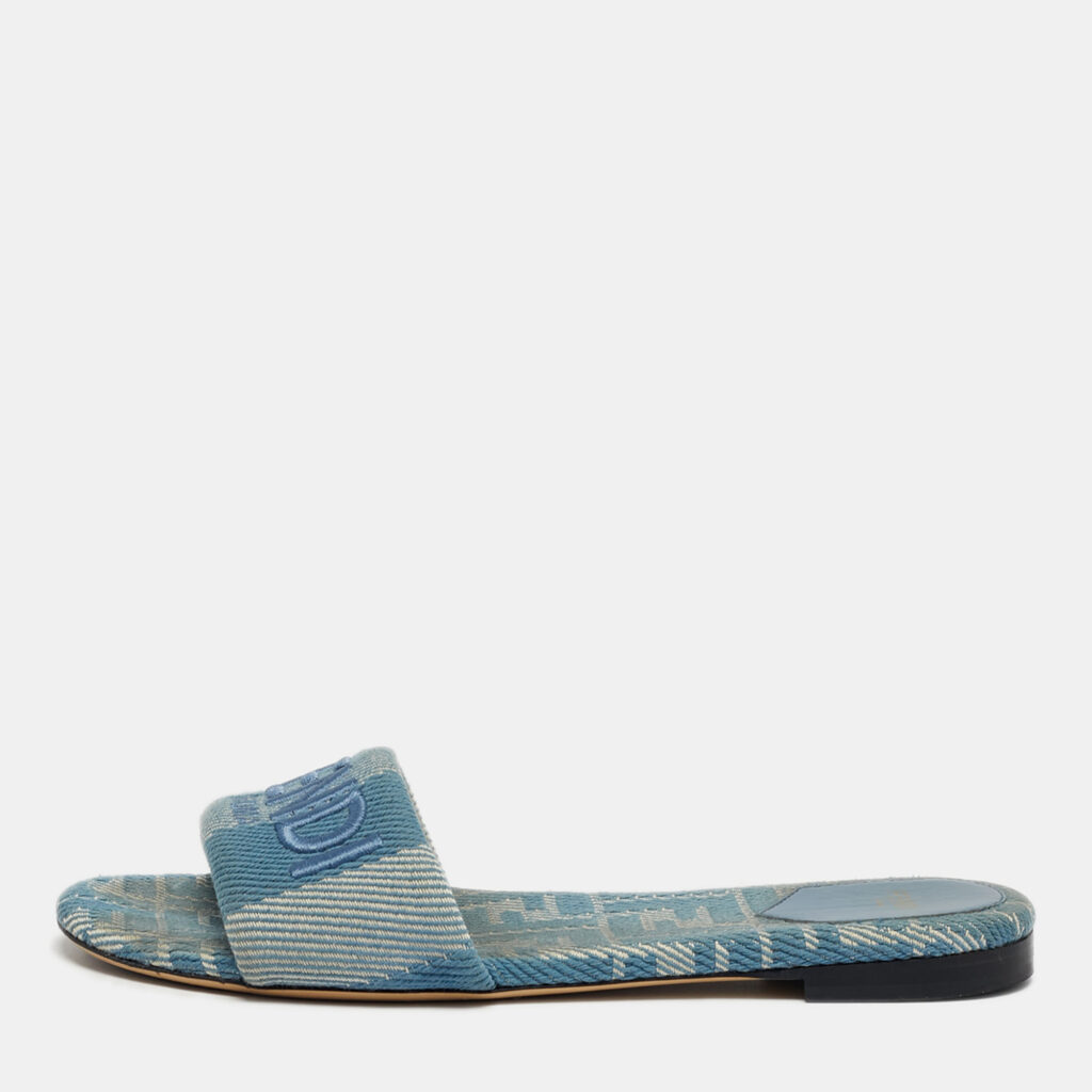 Fendi Blue Canvas Sunshine Flat Slide Size 40 Fendi Blue Canvas Sunshine Flat Slide Size 40