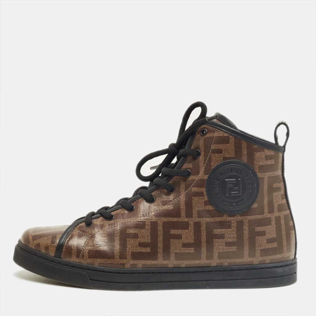 Fendi Brown Zucca Coated Canvas Lace up High Top Sneakers Size 39