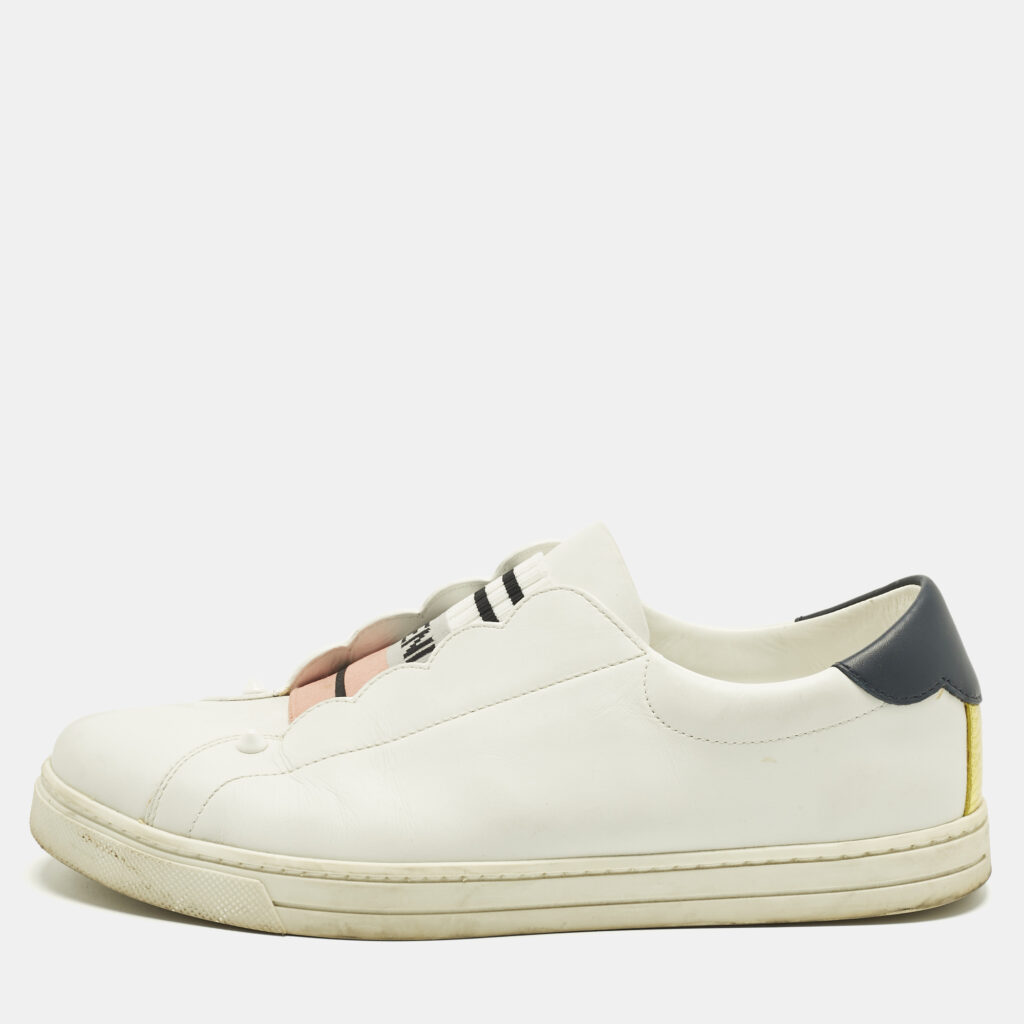 Fendi White Leather Logo Knit Rockoko Scallop Detail Slip On Sneakers Size 39.5