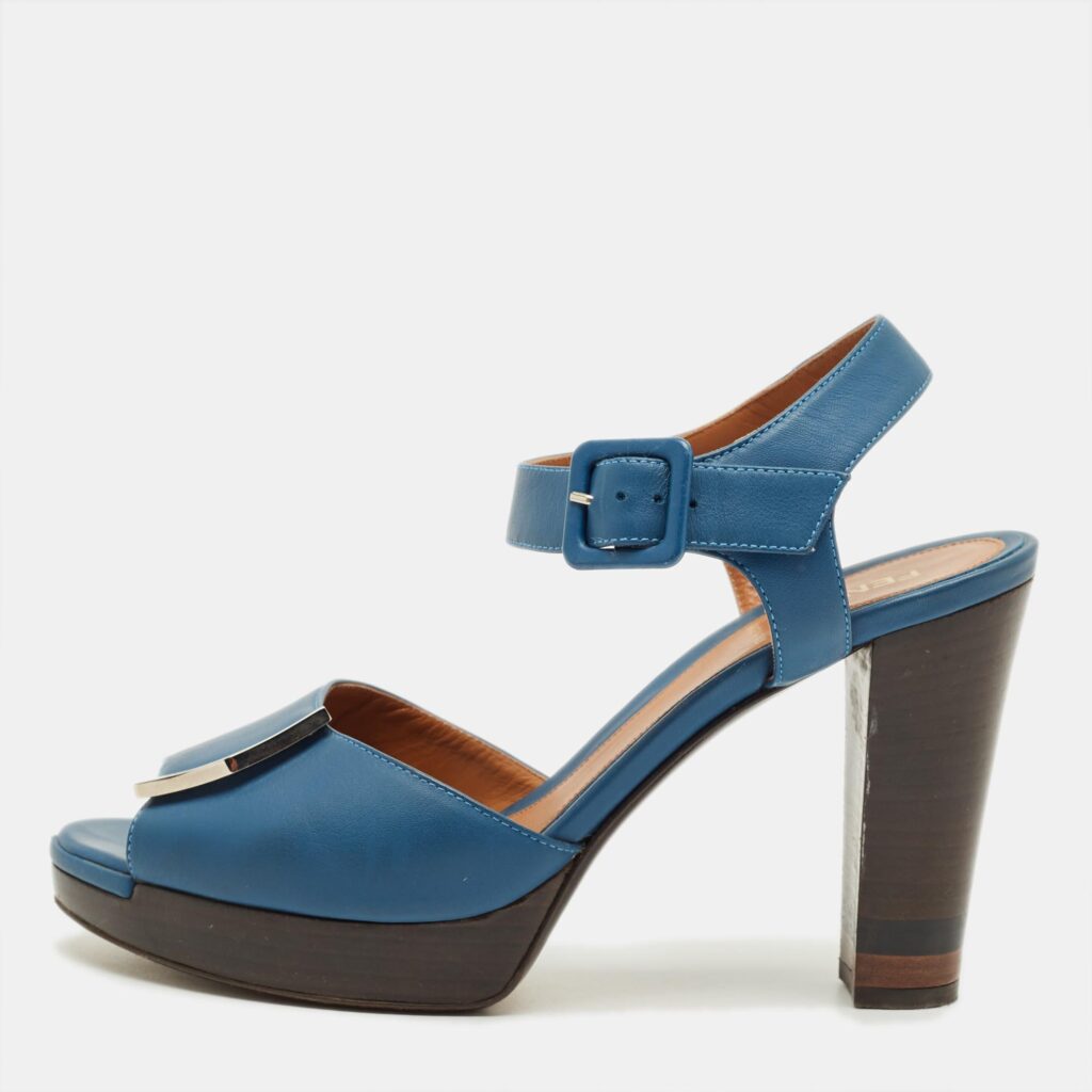 Fendi Blue Leather Peep Toe Platform Ankle Strap Sandals Size 39 Fendi Blue Leather Peep Toe Platform Ankle Strap Sandals Size 39
