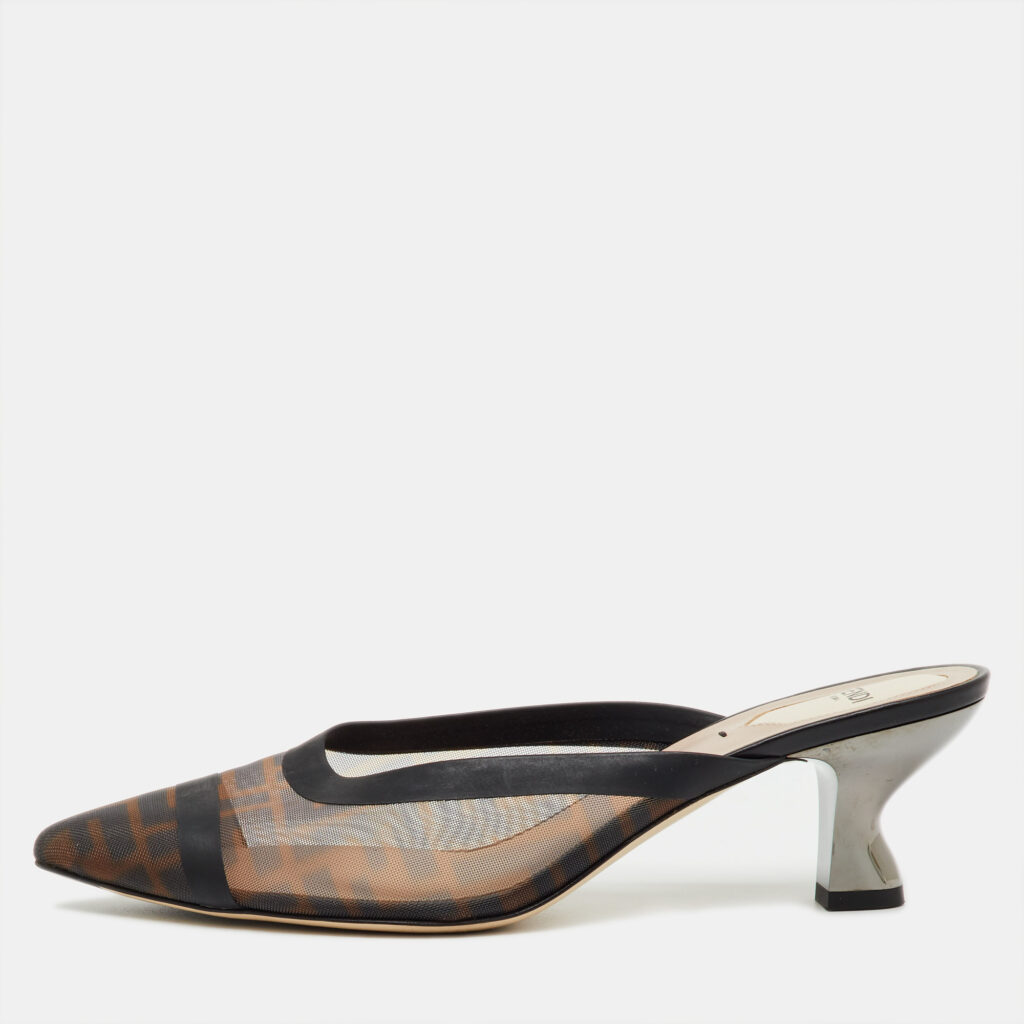 Fendi Brown/Black Zucca Mesh and Leather Colibri Pointed Toe Mules Size 40 Fendi Brown/Black Zucca Mesh and Leather Colibri Pointed Toe Mules Size 40