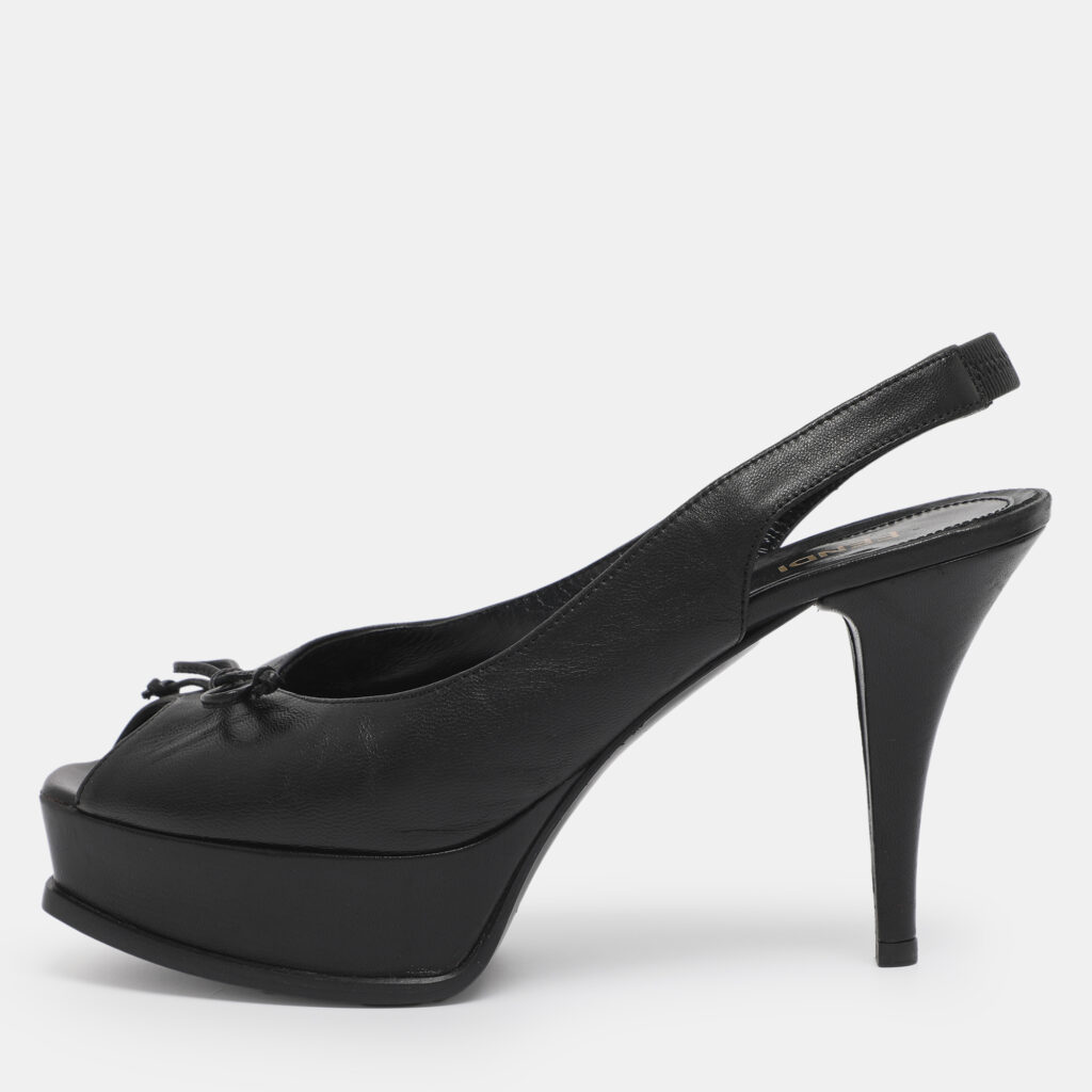 Fendi Fendista Bow Size 39 Black Leather Slingback Platform Pumps