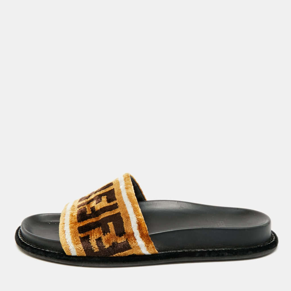 Fendi Size 36 Brown FF Velvet Monogram Flat Slides