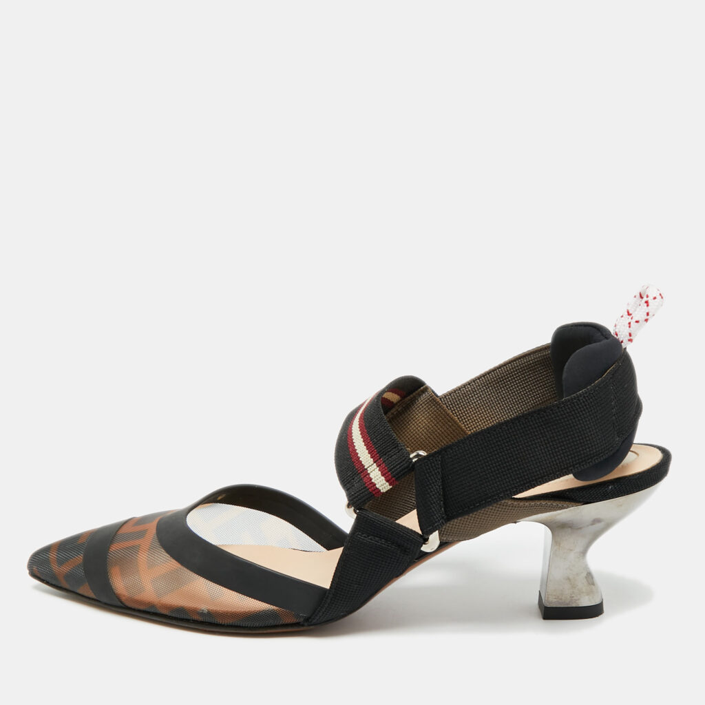 Fendi Colibri Size 37 Black/Brown Canvas, Mesh and Rubber Slingback Pumps