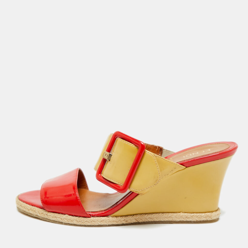 Fendi Size 38 Yellow Patent Leather Espadrille Wedge Slide Sandals