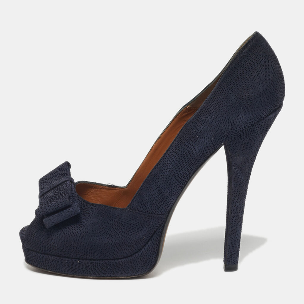 Fendi Size 41 Navy Blue Suede Bow Peep Toe Platform Pumps