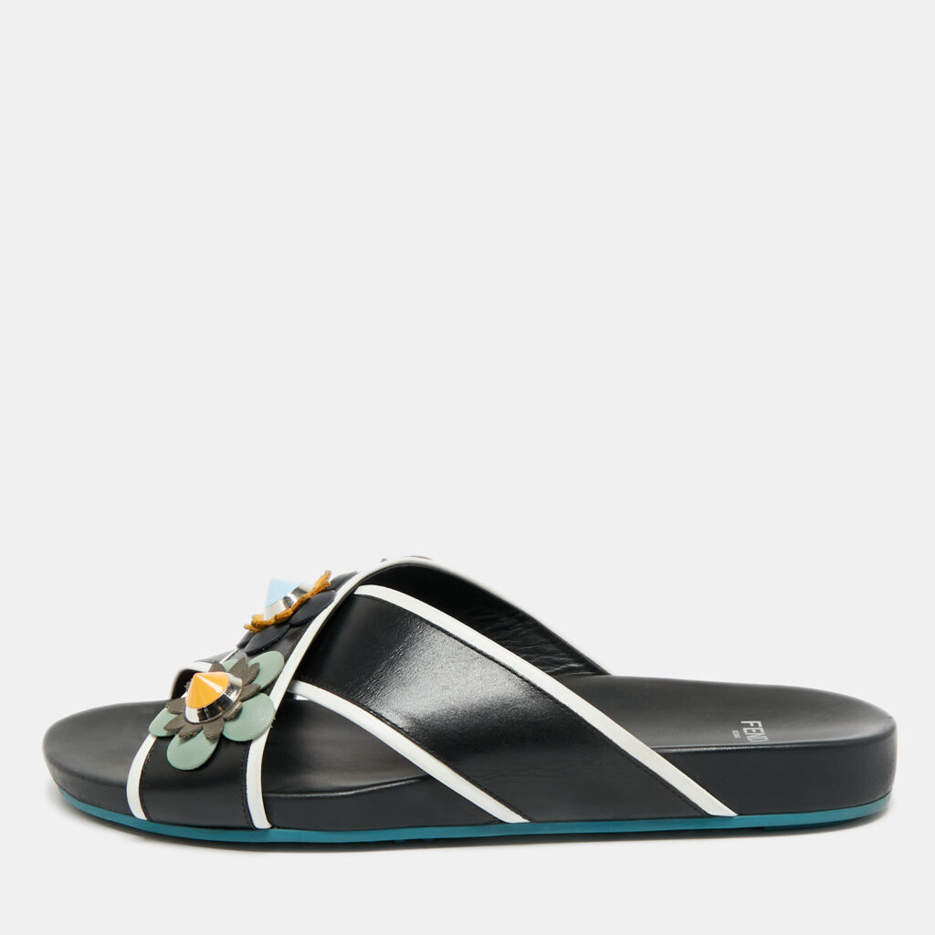 Fendi Flowerland Size 41 Black/White Leather Criss Cross Slide Sandals