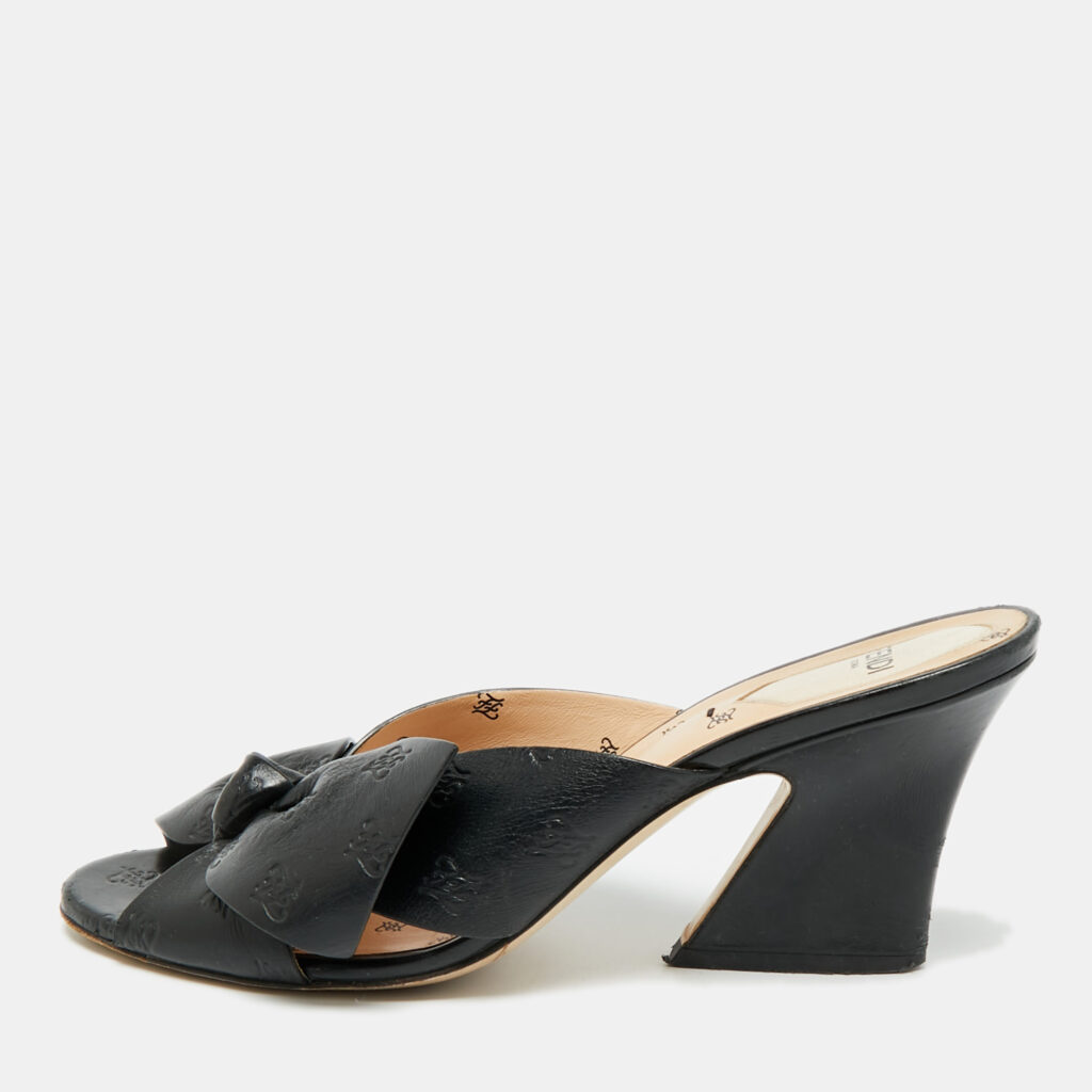 Fendi FF Karligraphy Size 39 Black Leather Bow Slide Sandals