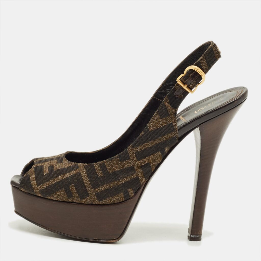 Fendi Fendista Size 37 Brown Zucca Canvas Slingback Sandals