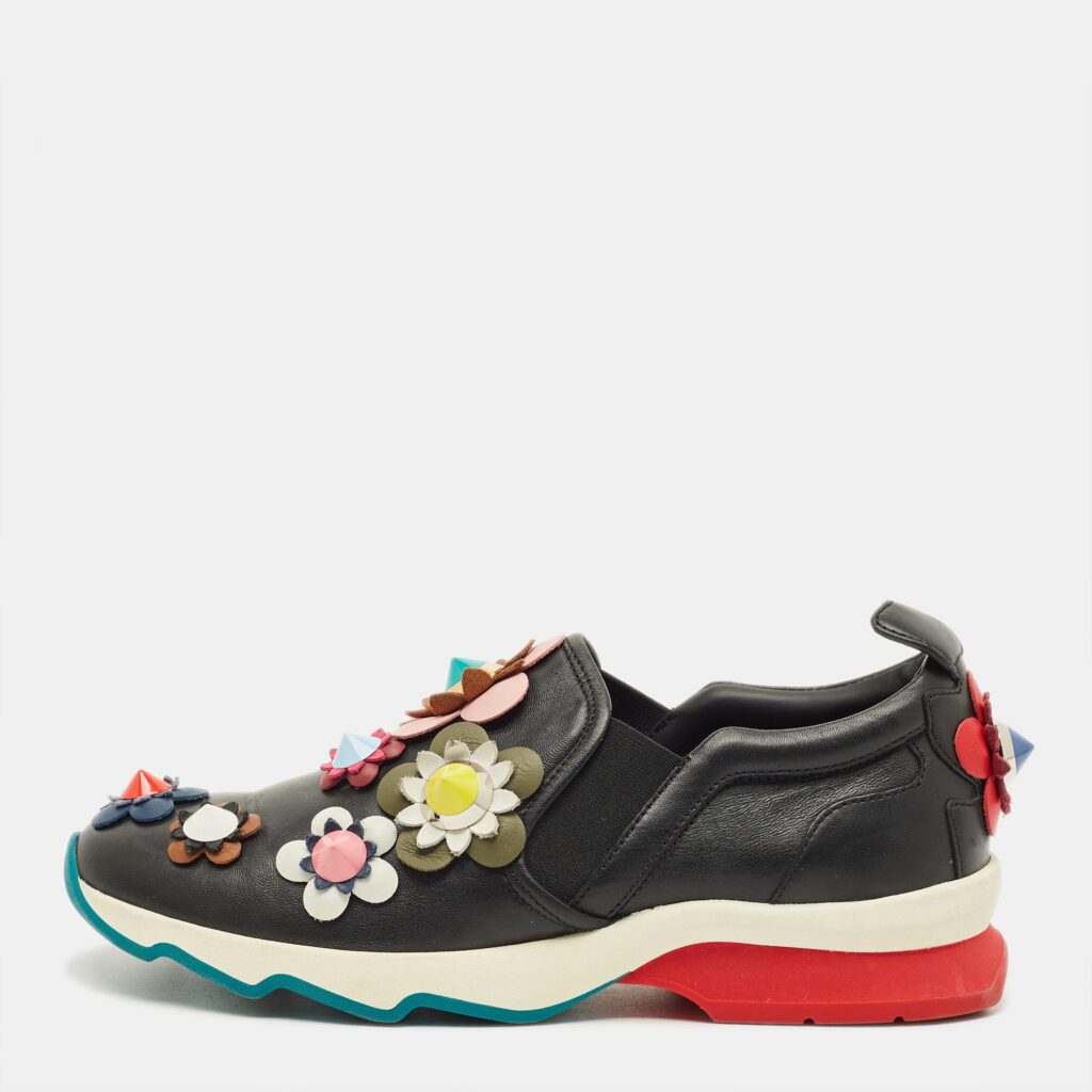 Fendi Flowerland Size 37 Black Leather Slip On Sneakers