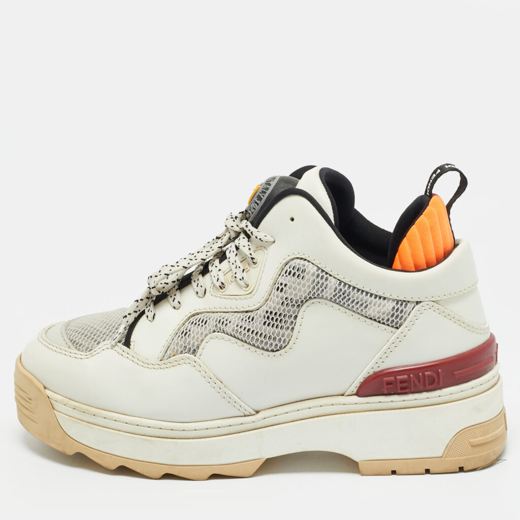 Fendi Size 35.5 White Leather and FF Mesh Low Top Sneakers Fendi Size 35.5 White Leather and FF Mesh Low Top Sneakers