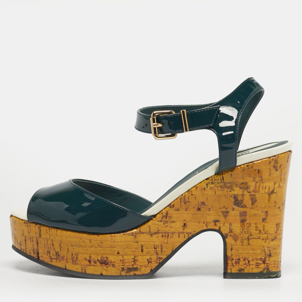 Fendi Size 37.5 Green Patent Leather Cork Platform Sandals
