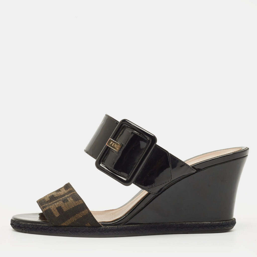 Fendi Size 37 Black Zucca Canvas and Patent Leather Wedge Slide Sandals