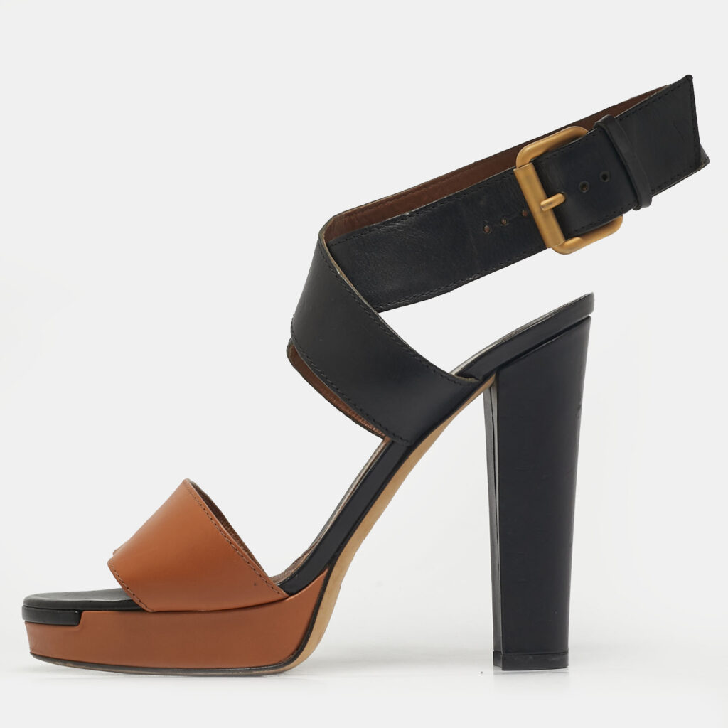 Fendi Size 37.5 Brown/Black Leather Ankle Strap Platform Sandals