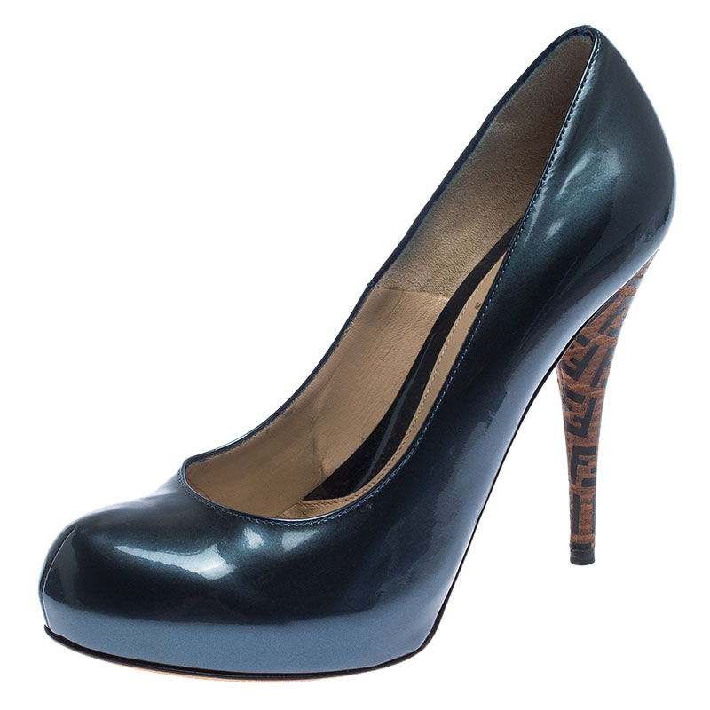 Fendi Blue Patent Leather Zucca Heel Platform Pumps Size 39 Fendi Blue Patent Leather Zucca Heel Platform Pumps Size 39