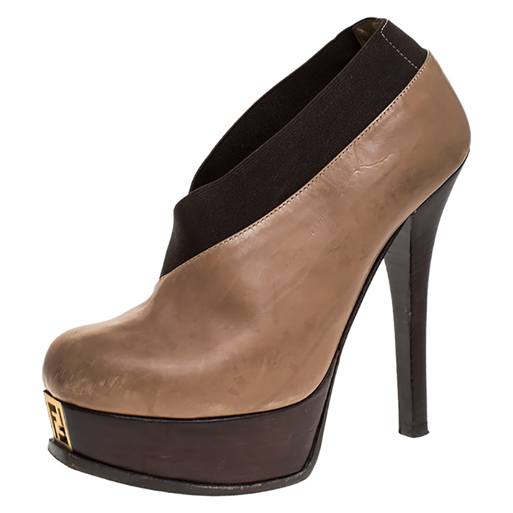 Fendi Beige/Brown Leather Fendista Faux-wrap Platform Ankle Booties Size 37 Fendi Beige/Brown Leather Fendista Faux-wrap Platform Ankle Booties Size 37