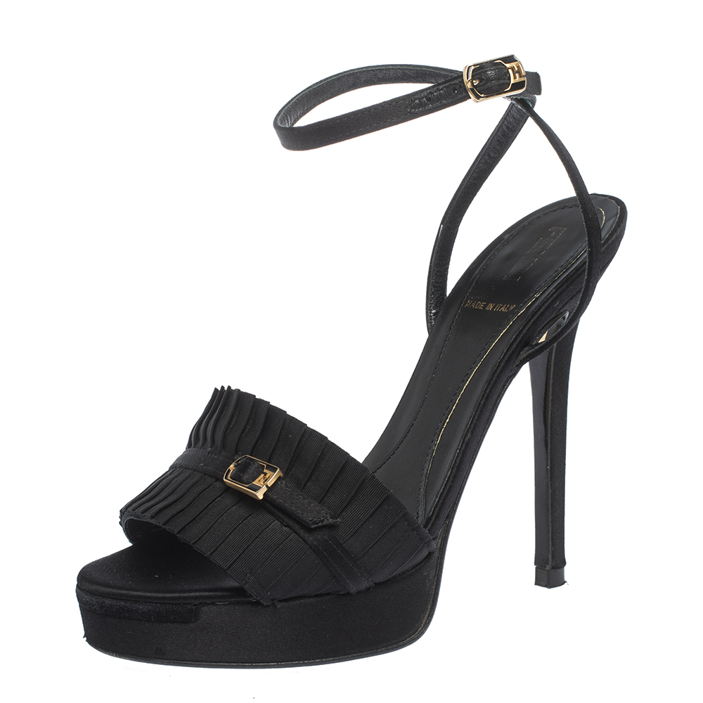 Fendi Black Satin Pleated Detail And FF Logo Buckle Ankle Strap Platform Sandals Size 35 Fendi Black Satin Pleated Detail And FF Logo Buckle Ankle Strap Platform Sandals Size 35