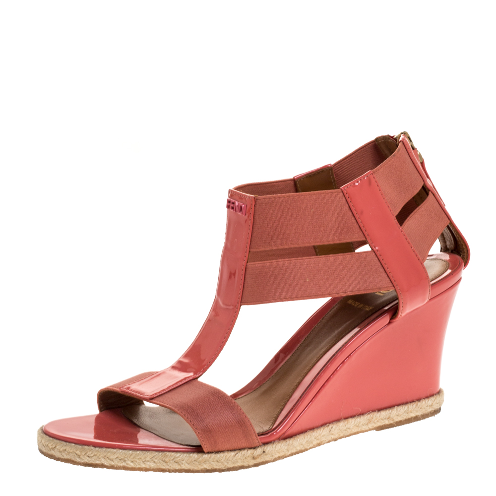 Fendi Coral Patent Leather And Elastic Fabric T-Strap Espadrille Wedge Sandals Size 37 Fendi Coral Patent Leather And Elastic Fabric T-Strap Espadrille Wedge Sandals Size 37
