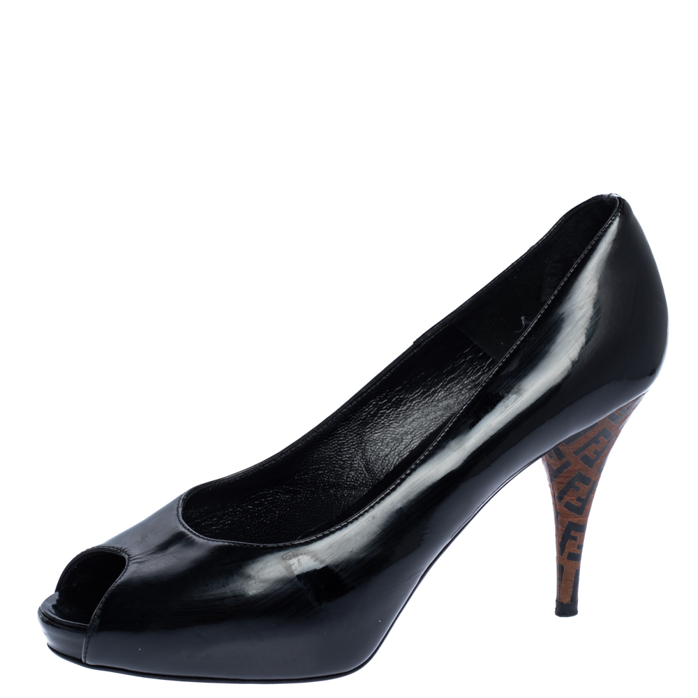 Fendi Black Patent Leather Peep Toe Platform Pumps Size 39