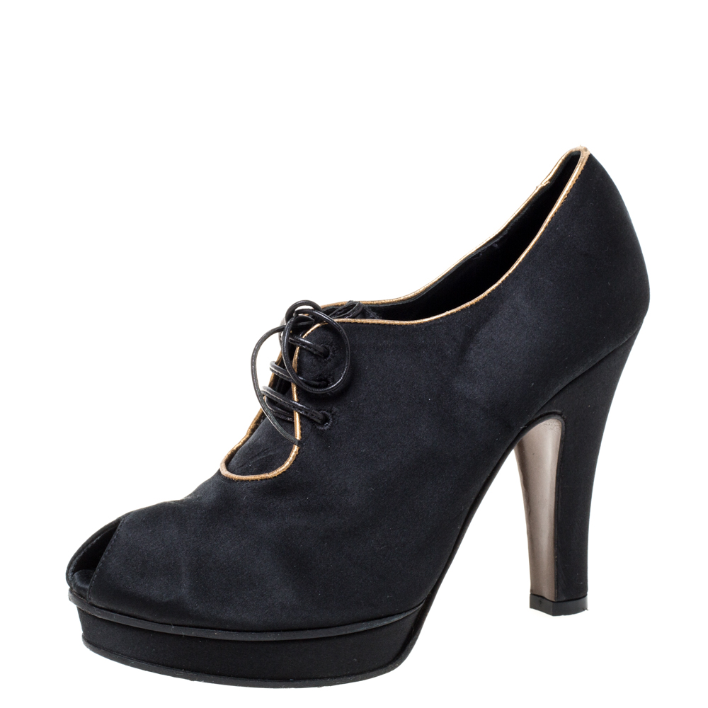 Fendi Black Satin Platform Peep Toe Lace Up Ankle Booties Size 37 Fendi Black Satin Platform Peep Toe Lace Up Ankle Booties Size 37