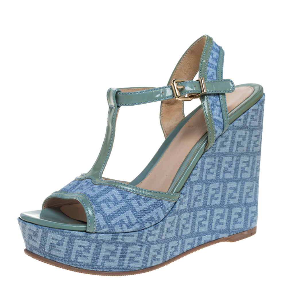 Fendi Blue/Green Canvas And Patent Leather Wedge Sandals Size 38.5 Fendi Blue/Green Canvas And Patent Leather Wedge Sandals Size 38.5
