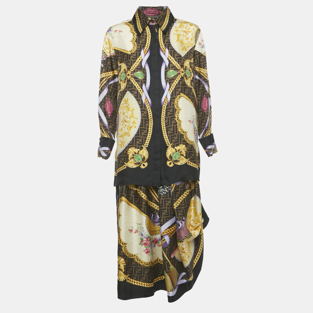 Fendace Brown Baroque Print Silk Top & Skirt Set M/L