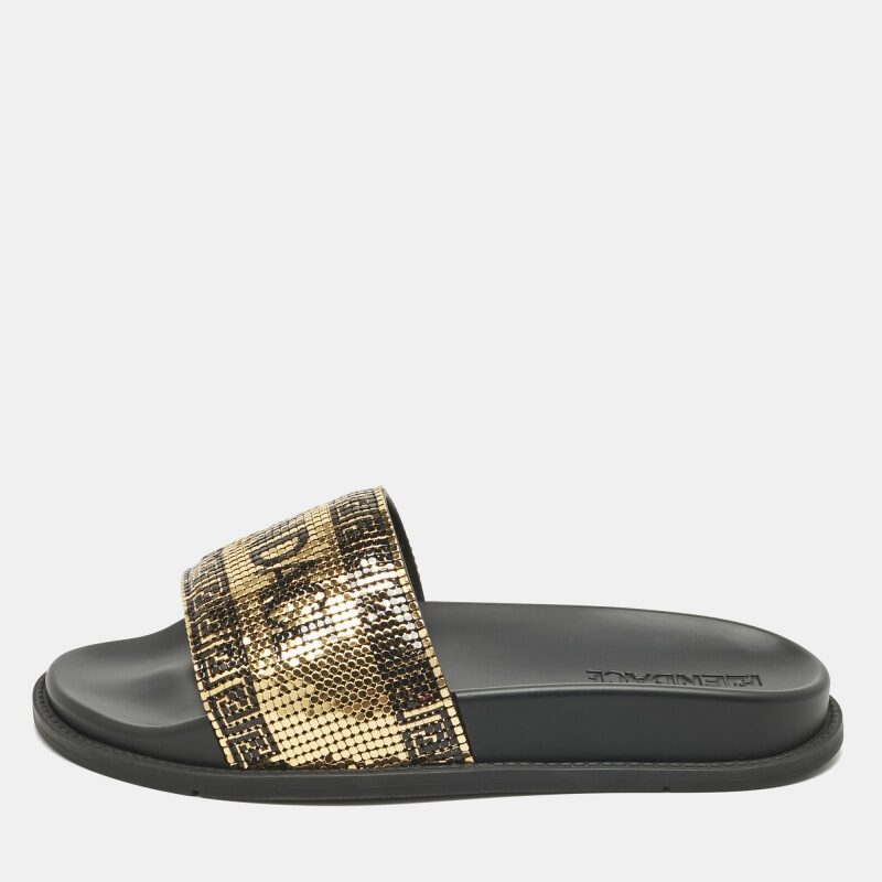 Fendi x Versace Gold/Black Metal Mesh Pool Slides Size 38 Fendi x Versace Gold/Black Metal Mesh Pool Slides Size 38