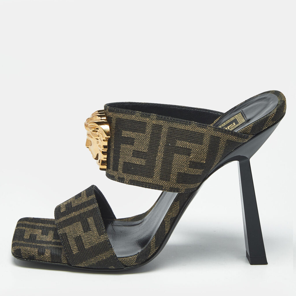 Fendi x Versace Brown Zucca Canvas Medusa Slide Sandals Size 36.5