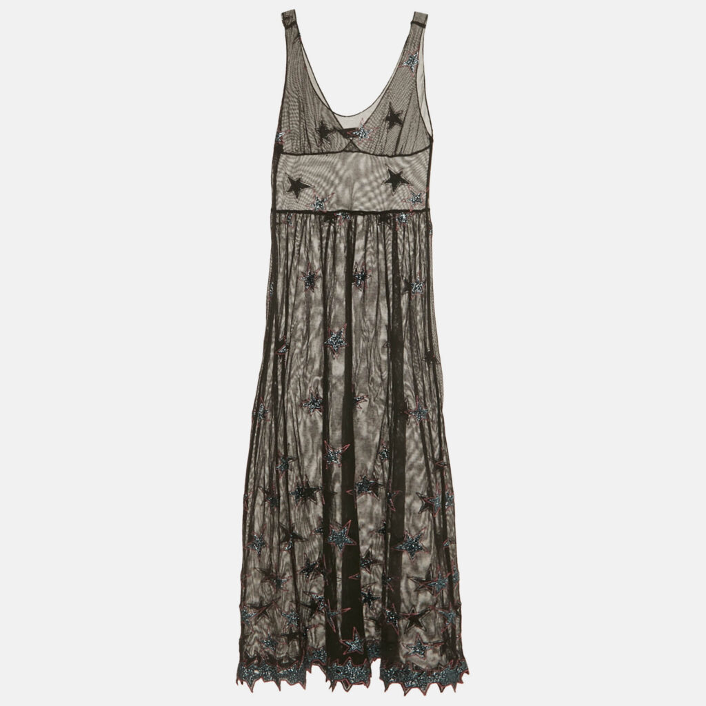 Fleur du Mal Black Star Embroidered Mesh Sheer Midi Dress M Fleur du Mal Black Star Embroidered Mesh Sheer Midi Dress M