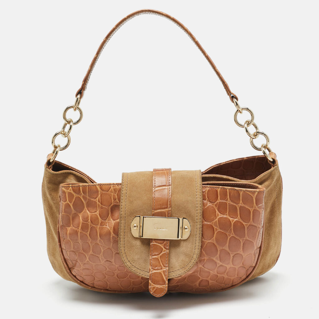 Furla Brown/Tan Croc Embossed Leather and Suede Flap Hobo Furla Brown/Tan Croc Embossed Leather and Suede Flap Hobo