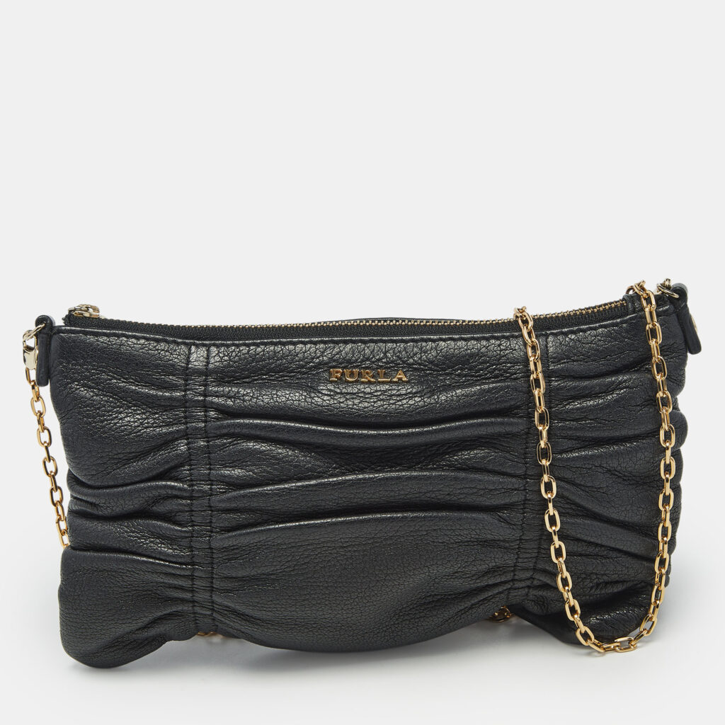 Furla Black Gathered Leather Chain Crossbody Bag Furla Black Gathered Leather Chain Crossbody Bag