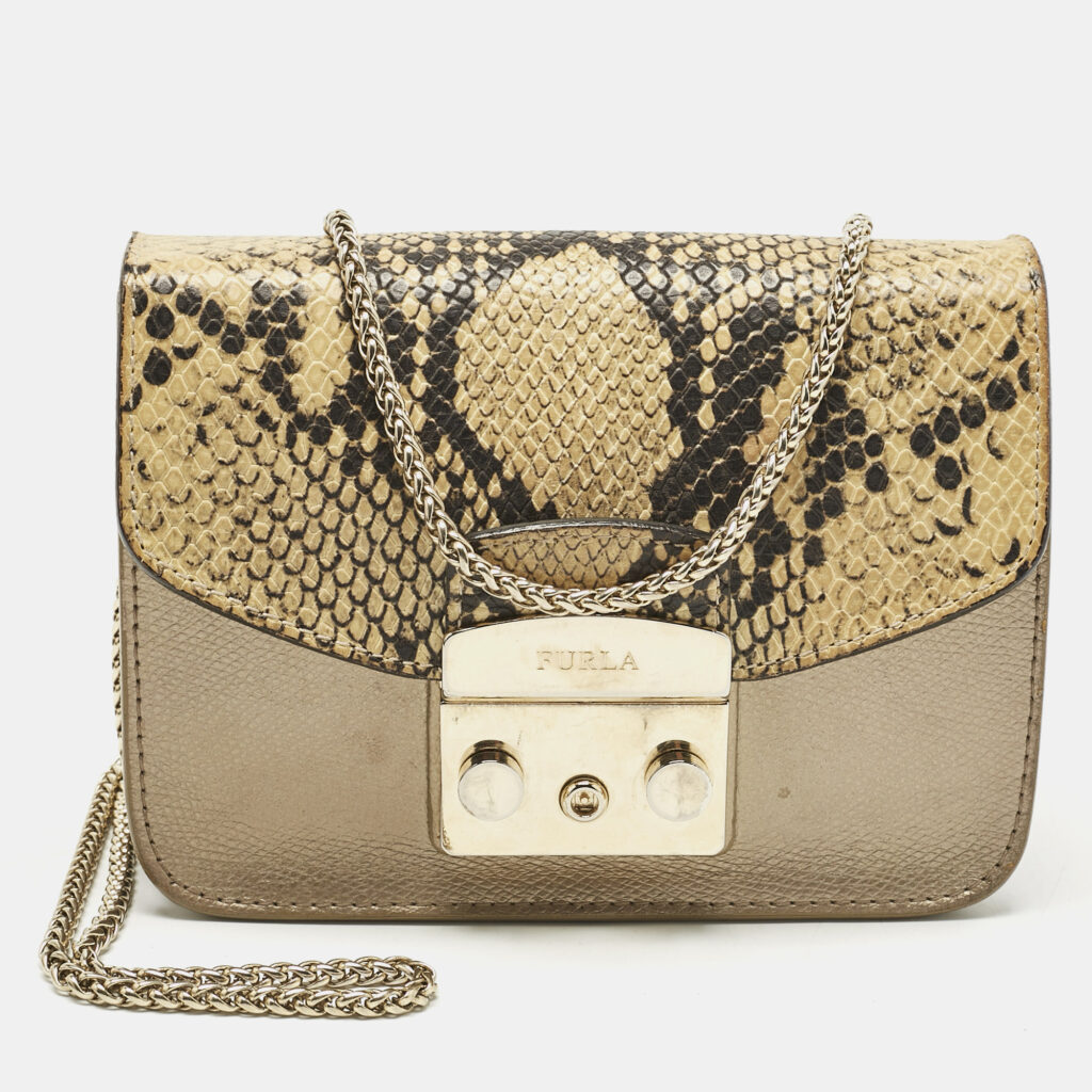 Furla Cream/Metallic Leather Mini Metropolis Changeable Flap Crossbody Bag
