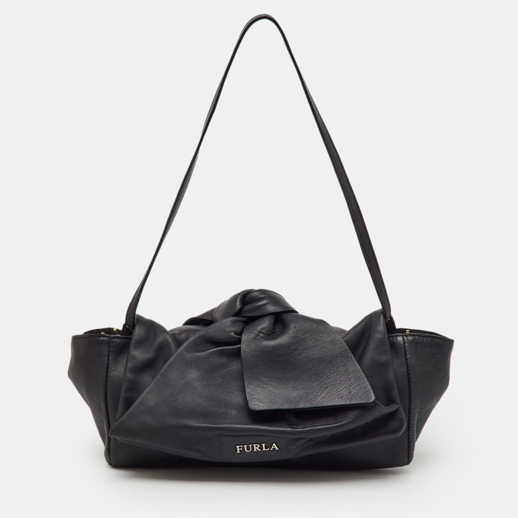 Furla Black Leather Knot Bow Flap Shoulder Bag